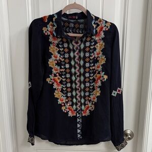Johnny Was Black Floral Embroidered Blouse